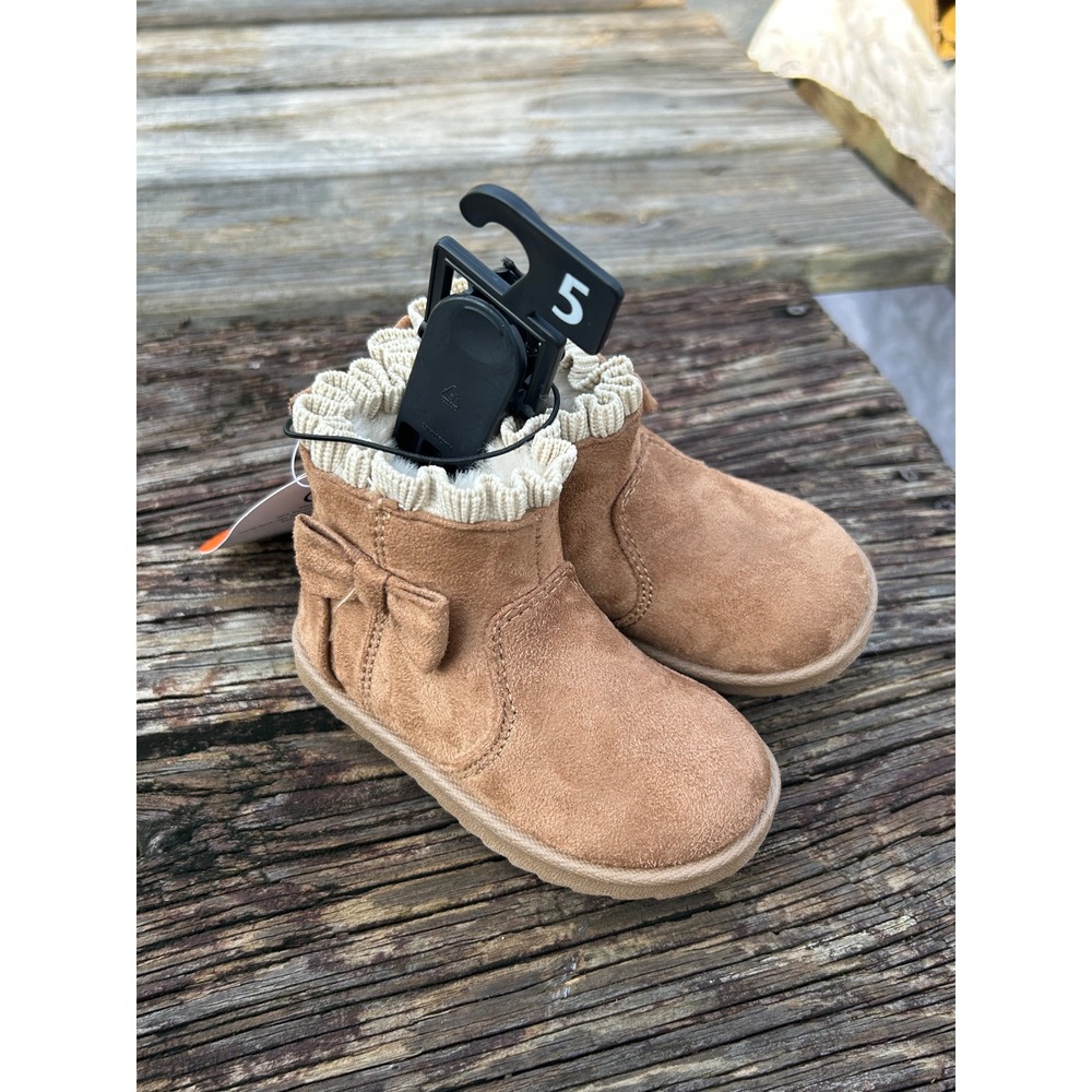 Wonder Nation Boots Girls Size 5 Brown Faux Suede Bow Knit Ruffle Ankle Boots